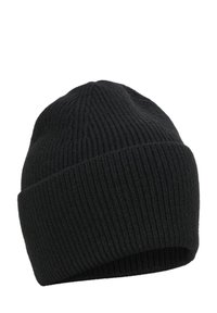 Svart stickad mössa med vertikal ribbstruktur, rundad topp och uppvik. Tillverkad av mjukt, elastiskt material.