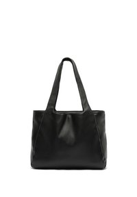Black leather tote bag with two long handles, a structured shape, smooth texture, and a simple, unembellished design.