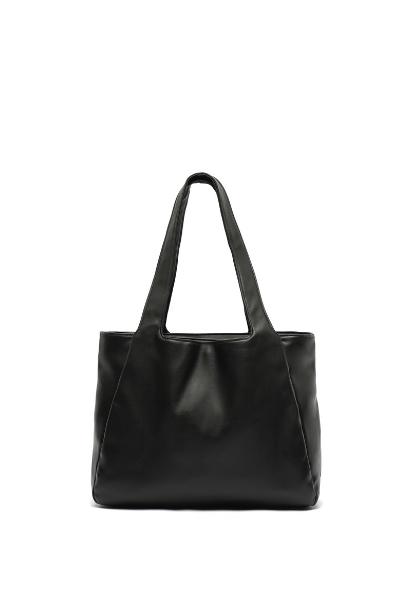Black leather tote bag with two long handles, a structured shape, smooth texture, and a simple, unembellished design.