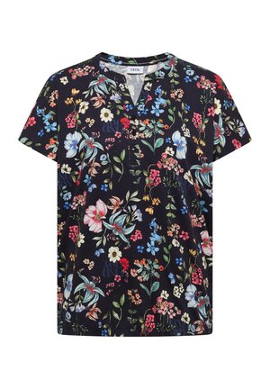 Sort bluse med korte ærmer og farverigt blomsterprint i blå, pink, rød og hvid, med rund halsudskæring og en lille knapstolpe foran.