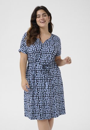 Blue and white patterned dress featuring a V-neck, short sleeves, and a waist tie for adjustable fit. The fabric has a soft texture.