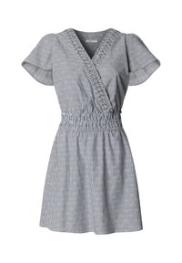 Kratka plava i bijela haljina na preklop s vertikalnim prugama, balon rukavima, nabrani struk i suptilni mali vezeni uzorci.