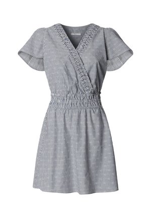 Lühike sinise ja valge vertikaalsete triipudega mähiskleit paffvarrukate, kortsutatud vöökoha ja õrnade väikeste tikandimustritega.