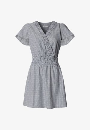 Lühike sinise ja valge vertikaalsete triipudega mähiskleit paffvarrukate, kortsutatud vöökoha ja õrnade väikeste tikandimustritega.