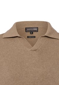 Beige Strickpullover mit Kragen und V-Ausschnitt, etikettiert "Finshley & Harding Black", Größe Medium, beschrieben als mit einem Cashmere-Gefühl.