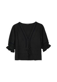 Blusa nera realizzata in tessuto testurizzato. Caratterizzata da un collo a V, maniche a volant e trecce decorative lungo il colletto e al centro. Dettaglio a fiocco in vita.