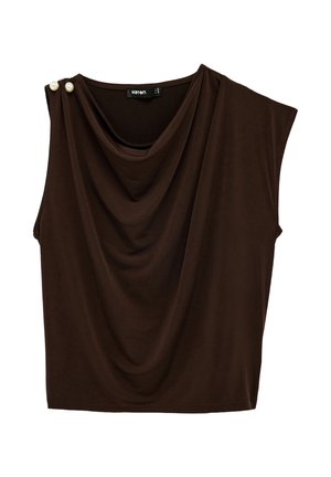 Bezrekawnik w ciemnym brązie z drapowanym dekoltem i dwoma perłowymi guzikami na lewym ramieniu, oznaczony jako Katran rozmiar M.