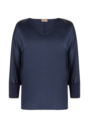 Marineblaue Chiffonbluse mit V-Ausschnitt, Dreiviertelarmen und glatter Textur. Sie hat einen lockeren Schnitt und einen subtilen Glanz.