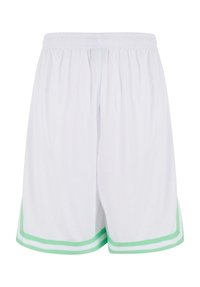 Shorts de sport blancs en tissu léger, avec une bande verte et blanche le long de l'ourlet pour un détail supplémentaire. Ceinture élastique incluse.