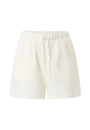 Korte witte katoenen shorts met een gestructureerde, lichte stof. Voorzien van een elastische tailleband met aantrekkoord voor een verstelbare pasvorm.