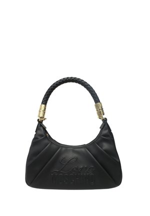 Sac à main en cuir noir Love Moschino avec logo embossé, poignée tressée et détails en métal doré sur fond blanc.