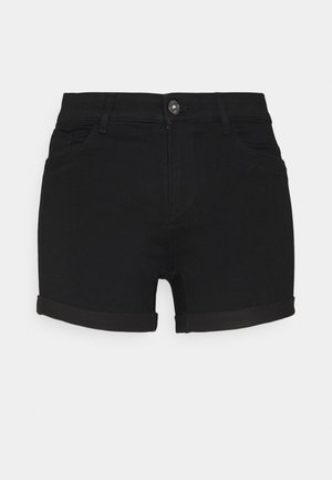 Pantalones cortos de mezclilla negra con puños enrollados, cierre frontal con botón y cremallera, y trabillas estándar para cinturón sobre un fondo liso.
