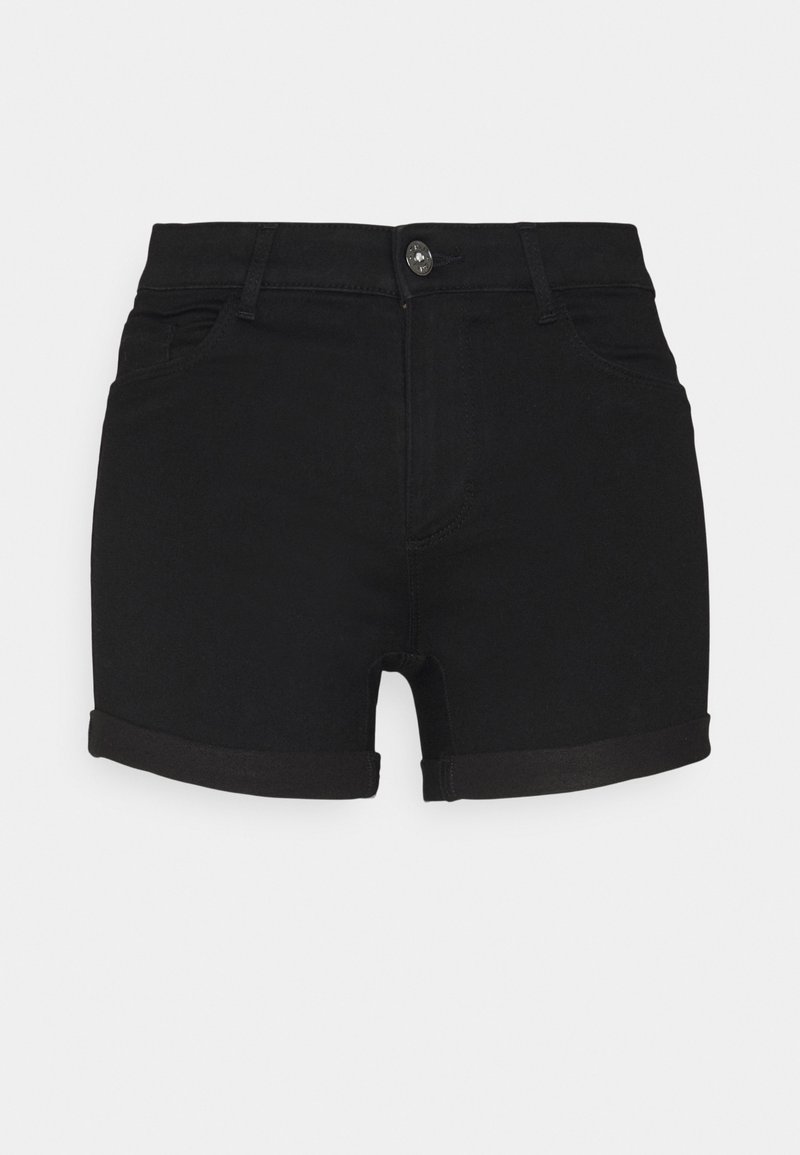 Short en denim noir avec revers roulés, fermeture devant par bouton et zip, et passants de ceinture standards sur fond uni.