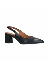Zwarte leren slingback pump met een spitse neus, blokhak en verstelbare gespsluiting. Glad textuur met een tan kleurige binnenzool.