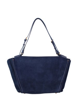 Borsa tote in camoscio blu scuro con tracolle regolabili e componenti in metallo color oro, forma rettangolare ampia con lieve svasatura ai lati.