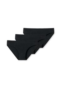 Schwarze Baumwollslips im Dreierpack, mit einem klassischen Bikini-Ausschnitt und einem weichen elastischen Bund. Glatte Textur ohne sichtbare Muster.
