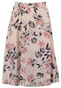 Kukkamallinen midi-hame vaaleanpunaisena, sinisillä ja korallinvärisillä kuvioilla. Ominaisuuksiin kuuluvat joustava vyötärö ja valuva, kevyestä kankaasta valmistettu materiaali.