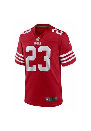 Maglia da football NFL dei San Francisco 49ers rossa con il numero 23 in bianco su davanti e spalle, maniche corte con strisce bianche, taglia media.