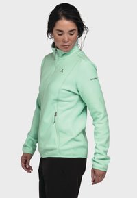 Mintgrüner Fleece-Jacke mit hohem Kragen, vollem Reißverschluss und Logo auf der linken Schulter. Hat enganliegende Ärmel und eine glatte Textur.