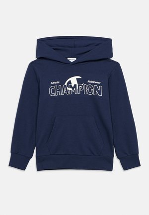 Felpa con cappuccio Champion blu navy con tasca frontale e logo bianco "Authentic Athleticwear Champion" sul petto.