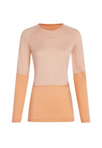 Maglia a maniche lunghe di un leggero pesca con accenti di pesca scuro, caratterizzata da un collo rotondo e un tessuto morbido. Design minimalista con maniche a raglan.