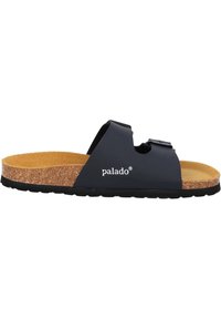 Sort slidesandal med korksål og struktureret gummisål. Har to justerbare stropper med spænde og "palado" branding.