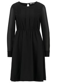 Svart klänning med lång genomskinlig ärm, rund halsringning, plisserad framsida och elastisk midja. Har en nyckelhål-detalj bak.