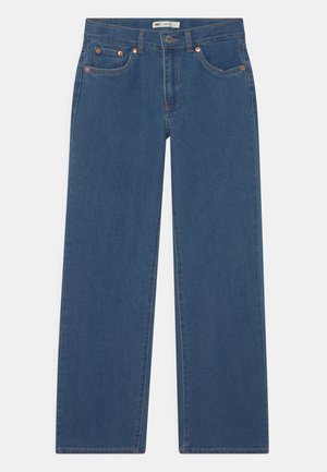 Blue denim jeans featuring a straight leg design, five pockets, copper rivets, and a slightly faded texture.