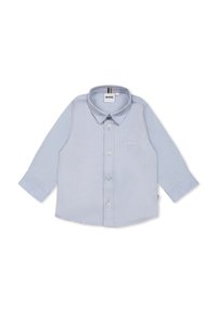 Light blue long-sleeve shirt made of cotton with a button front, collar, embroidered logo, and buttoned cuffs. Simple, smooth texture.