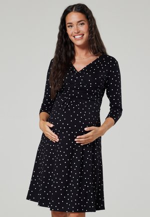 Happy Mama 3/4 SLEEVE V-NECK  - Jerseykleid - black with small white dots