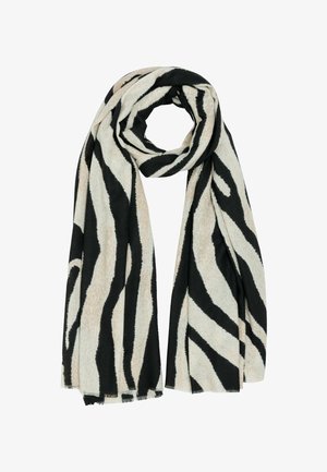 Zebra-striped scarf featuring soft fabric with black and cream colors, finished with fringed edges for added texture and detail.