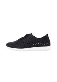 Black perforated sneakers with a white rubber sole, featuring a hexagonal pattern and lace-up design. Smooth texture, lightweight construction.