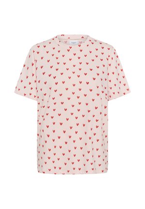 Kratek rokav majica iz bledo roza bombaža, okrašena z vzorcem majhnih rdečih src, z okroglim izrezom in sproščenim krojem.