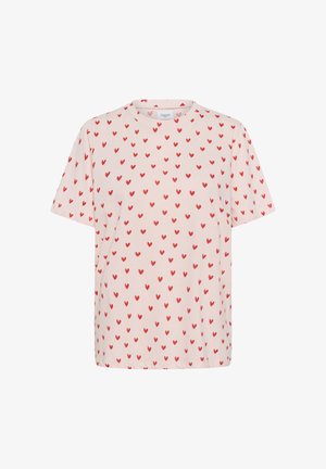 Trumpomis rankovėmis rožinės spalvos medvilninė marškinėliai su mažų raudonų širdelių raštu, apvalia iškirpte ir laisvu siluetu.