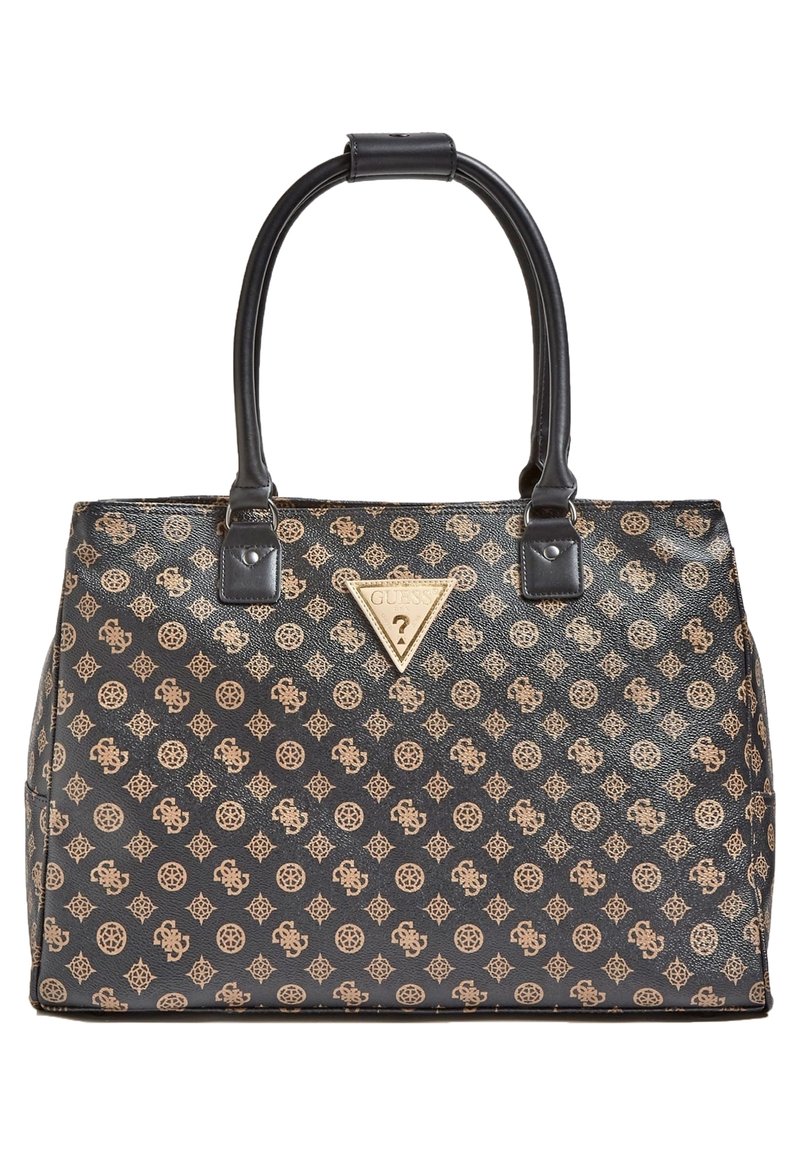 Sac à main noir et marron à motifs, avec deux poignées arrondies et une plaque triangulaire avec le logo Guess au centre à l'avant.
