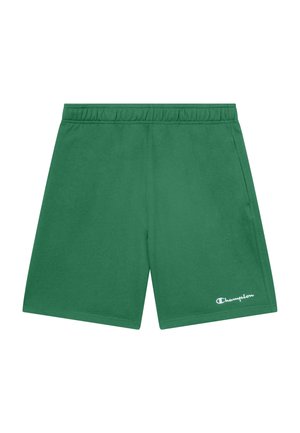 Groene atletiekshort met elastische taille, zijzakken en wit Champion-logo op het linkeronderbeen.