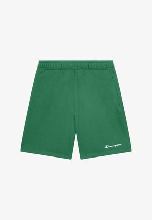 Grüne elastische Sportshorts mit Bund, Seitentaschen und weißem Champion-Logo am unteren linken Bein.