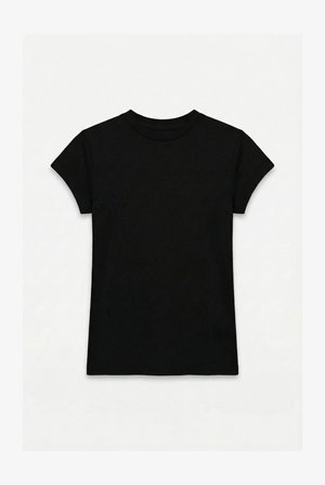 Černé krátké tričko s kulatým výstřihem a krátkými rukávy, přiléhavé, s čistým, jednoduchým designem na bílém pozadí.