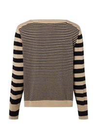 Beige und schwarzer Langarmpullover mit schmalen horizontalen Streifen am Körper und breiten Streifen an den Ärmeln, von hinten gezeigt.