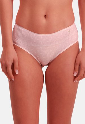 Pink patterned women's underwear featuring a silky finish, high-rise design, and floral motifs with a small branded accent on the waistband.