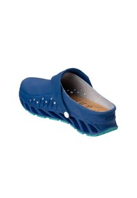 Sabot bleu avec un dessus en caoutchouc, bout arrondi et design à côté découpé. Il dispose d'une semelle intérieure rembourrée grise et d'un accent vert sur la semelle.