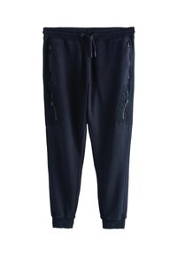 Tamsiai mėlynos laisvalaikio kelnės iš minkštos medžiagos su užtraukiamomis šoninėmis kišenėmis, elastingu liemeniu ir siaurėjančiomis apačiomis, suteikiančiomis prigludusį vaizdą.