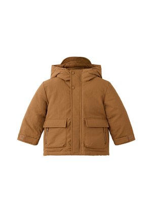 Abrigo de invierno acolchado marrón con capucha, botones de presión delanteros, bolsillos con cremallera y bolsillos con solapa a ambos lados.
