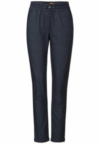 Marineblauwe broek met een gestructureerd patroon, elastische tailleband en trekkoord, voorzien van twee zijzakken en taps toelopende broekspijpen.