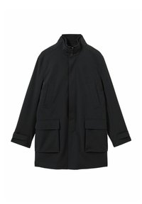 Mustal värvusega välisjakk, millel on kõrge krae, kaks esist flap taskut ja sirge lõike disain pikkae varrukatega. Pehme ja sile tekstuur.