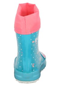 Botte de pluie en caoutchouc bleu avec un poignet en tissu rose, ornée d'un motif floral et de pois blancs. Bout arrondi et semelle texturée pour une bonne adhérence.