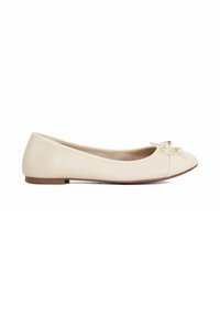 Beige patent leather ballet flats with rounded toe, small bow and gold-tone hardware detail on the front, flat sole.
