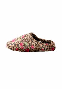 Leopard print slippers with pink floral accents, soft fabric, closed back, rounded toe, and cushioned sole for comfort.