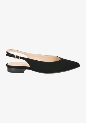 Black suede slingback flats with a pointed toe, minimalistic design, and a small heel. Features a gold buckle on a thin strap.