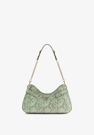 Borsa con motivo in pelle di serpente verde dalla forma curva, catena color oro e tracolla in pelle, con targhetta con logo e chiusura con zip.